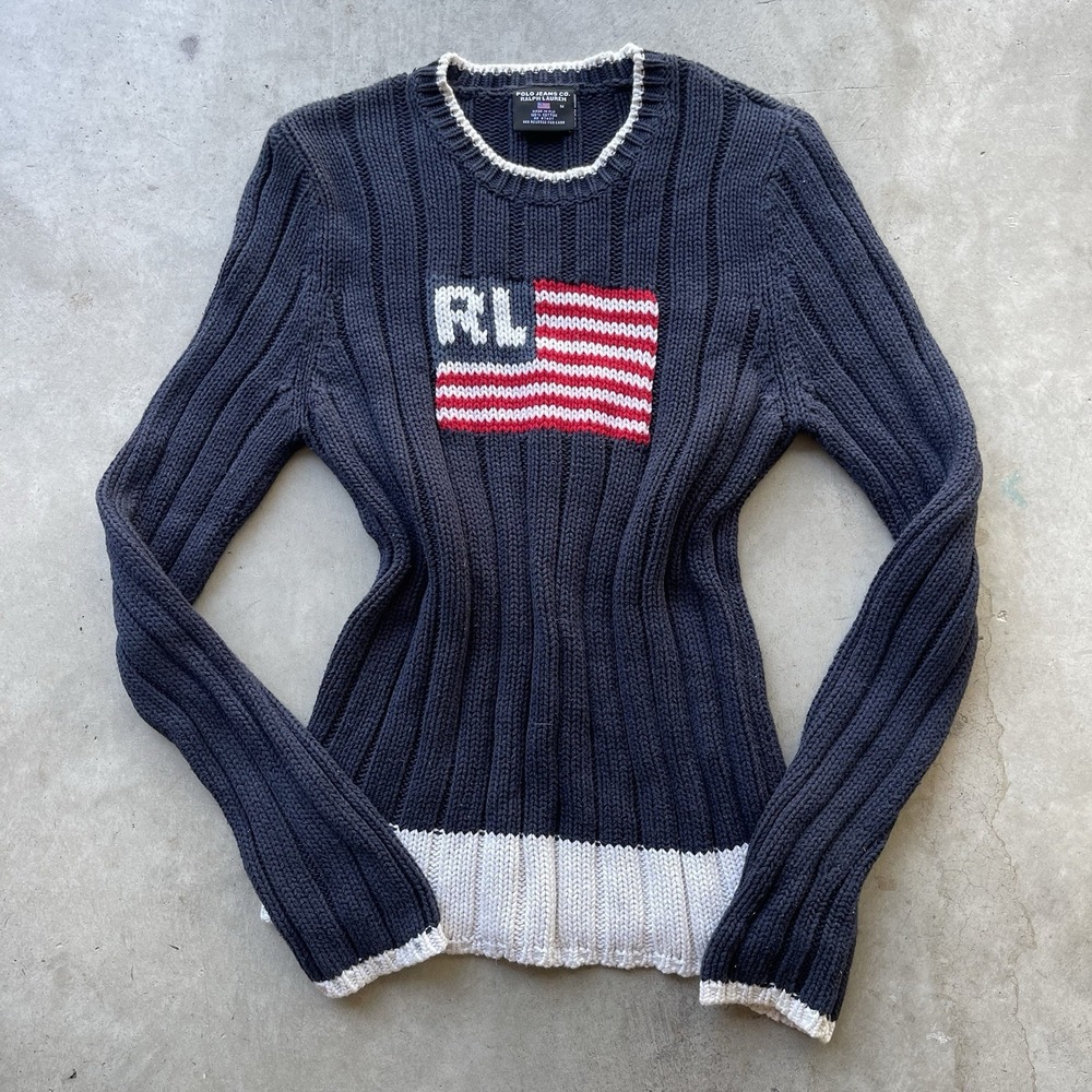VTG Ralph Lauren Polo Jeans Co USA American Flag Women's M Sweater Y2K Preppy - Picture 1 of 6